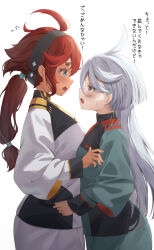 Rule 34 | 2girls, absurdres, ahoge, aqua eyes, asticassia school uniform, asymmetrical docking, black hairband, blush, breast press, commentary, cowboy shot, eye contact, grey hair, gundam, gundam suisei no majo, hair between eyes, hairband, height difference, high collar, highres, jacket, long hair, long sleeves, looking at another, low ponytail, miorine rembran, multiple girls, open mouth, red hair, school uniform, simple background, suletta mercury, sweatdrop, thick eyebrows, translated, white background, white jacket, wide sleeves, yuk (pakyaru), yuri