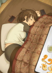 Rule 34 | 1girl, beeworks, brown hair, cellphone, cellphone charm, cellphone strap, charm (object), controller, cup, closed eyes, food, from above, fruit, funghi, highres, kotatsu, lying, mandarin orange, mug, nameko (osawari tantei), on side, onigiri jou, open mouth, orange peel, original, osawari tantei, pajamas, phone, pillow, remote control, sleeping, smartphone, solo, table