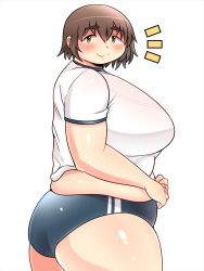Rule 34 | 1girl, breasts, brown hair, buruma, fat, huge breasts, shimejix, solo, thick thighs, thighs, yellow eyes