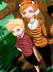 Rule 34 | 2boys, animal ears, animal print, blonde hair, blue eyes, calvin &amp; hobbes, calvin (calvin &amp; hobbes), hand on own hip, highres, hobbes (calvin &amp; hobbes), hood, hoodie, image sample, lokiescape, multiple boys, open mouth, personification, shirt, short hair, shorts, smile, spiked hair, striped clothes, striped shirt, tail, tiger, tiger ears, tiger print, tiger tail, tree