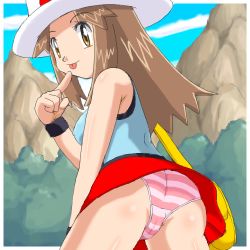 Rule 34 | 00s, 1girl, :p, ass, bag, bare shoulders, breasts, brown eyes, brown hair, cameltoe, covered erect nipples, creatures (company), game freak, hat, leaf (pokemon), long hair, lowres, medium breasts, mountain, nintendo, panties, pokemoa, pokemon, pokemon frlg, porkpie hat, solo, striped clothes, striped panties, thighs, tongue, tongue out, tree, underwear, upskirt