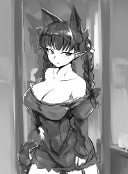 Rule 34 | 1girl, :/, animal ears, braid, breasts, cat ears, cat tail, cleavage, commentary request, cowboy shot, dress, extra ears, greyscale, kaenbyou rin, large breasts, mizuga, monochrome, multiple tails, nekomata, off shoulder, pointy ears, solo, tail, touhou, twin braids, twintails, two tails