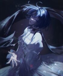 Rule 34 | 1girl, black background, black cape, blue eyes, blue hair, cape, dress, frilled dress, frilled sleeves, frills, hashtag-only commentary, highres, jewelry, juliet sleeves, kiritani haruka, light particles, long sleeves, looking at viewer, necklace, nyangji, open mouth, pearl necklace, pleated dress, project sekai, puffy sleeves, refraction, short hair, smile, solo, sparkle, white dress