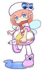 Rule 34 | 1girl, blue eyes, blush stickers, bow, frau (puyopuyo), full body, hat, madou monogatari, nabe0507, official style, pink hair, pointy ears, puyopuyo, puyopuyo fever, puyopuyo quest, scarf, sega, shoes, short hair, skirt, snowflakes, snowman, solo, thighhighs, wand, white background, white thighhighs, wings