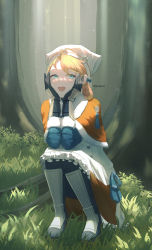 Rule 34 | 1girl, :d, absurdres, alternate hairstyle, annette fantine dominic, black legwear, blue eyes, boots, braid, capelet, dappled sunlight, day, dress, fire emblem, fire emblem: three houses, fire emblem warriors, fire emblem warriors: three hopes, forest, grass, hands on own cheeks, hands on own face, highres, light rays, looking to the side, nature, nintendo, open mouth, orange hair, outdoors, parupome, shade, sitting, smile, solo, sunbeam, sunlight, tree, tree shade, twitter username, white dress