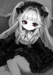 Rule 34 | 1girl, blunt bangs, bow, closed mouth, cross, dress, film grain, frilled dress, frilled hairband, frills, gothic lolita, greyscale, hair bow, hair intakes, hairband, highres, latin cross, legs, lolita fashion, lolita hairband, long hair, looking at viewer, monochrome, original, red eyes, revision, shiona (siona0625), sidelocks, sitting, solo, spot color, two side up