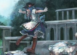 Rule 34 | 1girl, balancing, blue hair, boots, cross-laced footwear, food, fruit, hat, hinanawi tenshi, ichiba youichi, long hair, open mouth, outstretched arms, peach, pillar, puffy short sleeves, puffy sleeves, red eyes, shirt, short sleeves, skirt, solo, standing, standing on one leg, touhou