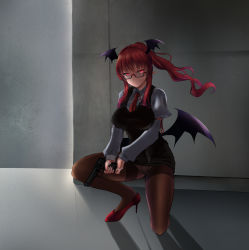 Rule 34 | &gt;:(, 1girl, bat wings, beretta 92, black skirt, breasts, collared shirt, commentary request, crotch seam, frown, gun, handgun, head wings, high heels, highres, holding, holding gun, holding weapon, juliet sleeves, kneeling, koakuma, large breasts, long hair, long sleeves, low wings, miniskirt, necktie, on one knee, panties, panties under pantyhose, pantyhose, pencil skirt, pistol, pointy ears, puffy sleeves, red eyes, red footwear, red hair, shirt, skirt, skirt set, solo, thighband pantyhose, touhou, underwear, v-shaped eyebrows, vest, weapon, wings, yumi (careca398)