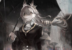 Rule 34 | 1girl, animal ears, arknights, ascot, black coat, brown hair, coat, extra ears, grey sky, hair between eyes, hair ornament, highres, holding, holding umbrella, long hair, long sleeves, looking at viewer, mole, mole above mouth, outdoors, penance (arknights), rain, simple bird, sky, solo, umbrella, upper body, watanab1019, white ascot, wind, wolf ears, wolf girl, yellow eyes