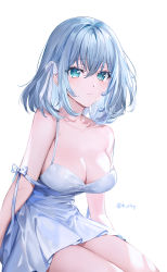 Rule 34 | 1girl, aqua eyes, arms at sides, bang dream!, bare shoulders, breasts, cleavage, closed mouth, collarbone, commentary, cowboy shot, crossed bangs, dress, expressionless, grey hair, hair between eyes, hair ribbon, highres, kurata mashiro, light blush, looking at viewer, medium breasts, medium hair, ribbon, rity, short dress, simple background, sitting, sleeveless, sleeveless dress, solo, spaghetti strap, strap slip, twitter username, white background, white dress, white ribbon