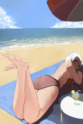 Rule 34 | 1girl, absurdres, ass, barefoot, beach, beach towel, bendy straw, blue sky, cloud, convenient censoring, day, drinking straw, food, fruit, grain, highres, lemon, lemon slice, looking at viewer, lotion, lying, ocean, on back, on stomach, original, painttool sai, red eyes, sand, short hair, silver hair, sketch, sky, smile, solo, sunscreen, table, the pose, thighs, topfreedom, topless, towel, umbrella