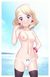 Rule 34 | 1girl, black thighhighs, blonde hair, blue eyes, blush, border, bow, bow panties, bracelet, breasts, cameltoe, closed mouth, collarbone, cowboy shot, creatures (company), day, earrings, eyelashes, game freak, gazing eye, gluteal fold, hand on own hip, hand up, highres, jewelry, looking at viewer, medium hair, navel, nintendo, nipples, outdoors, panties, pokemon, pokemon (anime), pokemon journeys, pokemon swsh105, serena (pokemon), shiny clothes, sky, smile, solo, sparkle, swept bangs, thighhighs, topless, underwear, white border, white panties
