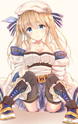 Rule 34 | 1girl, absurdres, bad id, bad pixiv id, bare shoulders, belt, belt buckle, beret, black thighhighs, blonde hair, blue bow, blue eyes, blue ribbon, blue skirt, blush, boots, bow, brown belt, buckle, closed mouth, collarbone, commentary request, cucouroux (granblue fantasy), detached sleeves, granblue fantasy, hair between eyes, hair bow, hair ribbon, hat, head tilt, highres, long hair, long sleeves, pleated skirt, ribbon, sashima, shirt, sitting, skirt, smile, solo, strapless, striped, striped bow, thighhighs, twintails, white footwear, white hat, white shirt, wide sleeves
