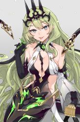 Rule 34 | 1girl, absurdres, asymmetrical gloves, bare shoulders, black gloves, breasts, claw ring, cleavage, closed mouth, crown, earrings, gloves, green eyes, green hair, grey background, highres, honkai (series), honkai impact 3rd, jewelry, long hair, looking at viewer, mismatched gloves, mobius (honkai impact), see-through, see-through sleeves, simple background, single earring, single sleeve, smile, solo, tongue, tongue out, wavy hair, yun-yang