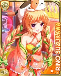 Rule 34 | 1girl, ahoge, animal, animal on head, bow, brown hair, card (medium), cat, cat smile, character name, detached sleeves, flower, girlfriend (kari), green bow, indoors, japanese clothes, kimono, midriff, navel, night, official art, on head, open mouth, purple eyes, qp:flapper, shirt, shoes, shorts, socks, solo, suzukawa rino, yellow kimono, yellow shirt, yellow shorts