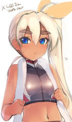Rule 34 | 1girl, :&lt;, blonde hair, blue eyes, breasts, cropped, eyebrows, hair ribbon, long hair, mel/a, melfina bluesky, midriff, navel, original, ribbon, side ponytail, small breasts, solo, sports bra, sweat, thick eyebrows, towel, towel around neck