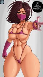 Rule 34 | abs, bikini, breasts, face mask, fingerless gloves, gloves, half mask, highres, large breasts, looking at viewer, mask, mileena (mortal kombat), mortal kombat (series), mouth mask, navel, one eye closed, sai (weapon), solo, swimsuit, thethickness, thong bikini, underboob, wink
