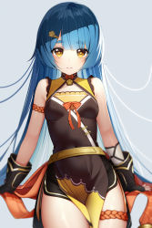 Rule 34 | 1girl, alternate hairstyle, bare shoulders, black gloves, black skirt, blue hair, breasts, brown dress, brown eyes, closed mouth, commentary request, covered navel, dress, fingerless gloves, genshin impact, gloves, grey background, hair down, hair ornament, hairclip, highres, long hair, looking at viewer, pelvic curtain, short eyebrows, simple background, skirt, sleeveless, sleeveless dress, small breasts, solo, the cold, thick eyebrows, very long hair, xiangling (genshin impact)