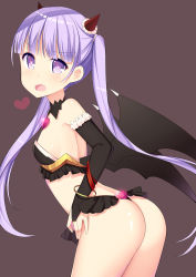 Rule 34 | 1girl, amemiya ruki, ass, bare shoulders, black gloves, breasts, bridal gauntlets, cowboy shot, demon girl, demon wings, elbow gloves, fang, from side, gloves, heart, heart-shaped pupils, highres, horns, leaning forward, long hair, looking at viewer, new game!, open mouth, purple eyes, purple hair, simple background, small breasts, solo, suzukaze aoba, symbol-shaped pupils, twintails, wings