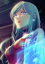 Rule 34 | 1girl, black choker, blue eyes, breasts, choker, dress, from below, fuwamoko momen toufu, galea (xenoblade), highres, holographic interface, indoors, lab coat, lips, long hair, medium breasts, name tag, nintendo, red dress, solo, xenoblade chronicles 1, xenoblade chronicles (series), xenoblade chronicles 2
