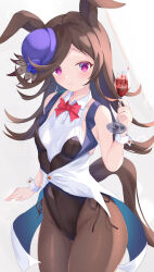 Rule 34 | 1girl, animal ears, black leotard, blouse, blue flower, blue hat, blue rose, bow, bowtie, brown hair, closed mouth, coattails, collared shirt, cowboy shot, cup, drinking glass, flower, grey pantyhose, hat, hat flower, highres, holding, holding cup, horse ears, horse girl, horse tail, leotard, long hair, looking at viewer, maimuu, pantyhose, red bow, red bowtie, rice shower (umamusume), rose, shirt, side-tie leotard, sleeveless, sleeveless shirt, smile, solo, standing, strapless, strapless leotard, tail, tilted headwear, umamusume, white shirt, wine glass, wing collar, wrist cuffs