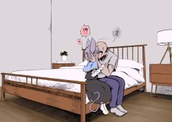 Rule 34 | !?, ..., 1boy, 1girl, absurdres, animal ears, bald, bed, blue pants, blush, breasts, commentary request, crystal, drawer, faceless, faceless male, full body, ginger ale (syouga 6383), grey hair, grey shirt, grey skirt, grey vest, hair between eyes, heart, hetero, highres, indoors, jewelry, kiss, lamp, layered clothes, long sleeves, mouse ears, mouse girl, mouse tail, nazrin, on bed, pants, pendant, plant, potted plant, shirt, short hair, sitting, skirt, skirt set, small breasts, socks, spoken ellipsis, surprise kiss, surprised, tail, touhou, vest, white shirt, white socks