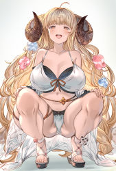 Rule 34 | 1girl, ahoge, aldehyde, anila (granblue fantasy), anila (summer) (granblue fantasy), bikini, blonde hair, blush, breasts, brown eyes, cleavage, commentary request, granblue fantasy, hair between eyes, hair ornament, highres, horns, huge breasts, large breasts, long hair, looking at viewer, open mouth, squatting, swimsuit, thighs, white background