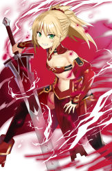 Rule 34 | 1girl, asato (fadeless), blonde hair, breasts, clarent (fate), fate/apocrypha, fate/grand order, fate (series), green eyes, highres, long hair, looking at viewer, mordred (fate), mordred (fate/apocrypha), navel, ponytail, smile, solo, sword, weapon