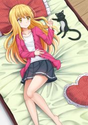 Rule 34 | 1girl, animal, barefoot, bed sheet, black cat, black skirt, blonde hair, blush, cat, closed mouth, collarbone, commission, feet out of frame, frilled pillow, frills, from above, heart, heart-shaped pillow, highres, indoors, jacket, kazenokaze, long hair, long sleeves, looking away, looking to the side, lying, on back, open clothes, open jacket, original, pillow, pink jacket, pleated skirt, shirt, skirt, smile, solo, very long hair, white shirt, wooden floor, yellow eyes