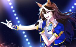 Rule 34 | 1girl, animal ears, blue jacket, blue necktie, blurry, bokeh, brown hair, collared shirt, corset, cropped jacket, depth of field, earrings, glorious azure costume (umamusume), gloves, highres, holding, holding microphone, horse ears, jacket, jewelry, long hair, looking afar, microphone, mimi (usausamm5), multicolored hair, necktie, open mouth, outstretched arm, red eyes, shirt, short necktie, short sleeves, single earring, smile, solo, streaked hair, symboli rudolf (umamusume), umamusume, upper body, white gloves, white shirt