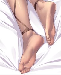 Rule 34 | 1girl, barefoot, bed sheet, close-up, dark-skinned female, dark skin, fate/grand order, fate (series), feet, feet only, foot focus, greek toe, head out of frame, highres, nitocris (fate), ruton-niki, shiny skin, soles, solo, sweat, toenails, toes