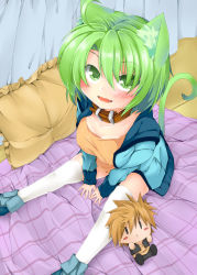 Rule 34 | 1girl, absurdres, ahoge, animal ears, bed, blush, blush stickers, breasts, brown hair, cat ears, cat girl, cat tail, collar, dodome-iro mayonnaise, doll, fang, female focus, frilled pillow, frills, from above, green eyes, green hair, highres, jacket, matching hair/eyes, open mouth, original, pillow, sharon (dodomayo), short hair, sitting, solid oval eyes, solo, tail, thighhighs, white thighhighs