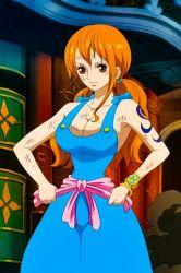 Rule 34 | 1girl, bare shoulders, bracelet, breasts, cleavage, dress, closed eyes, female focus, hairband, indoors, jewelry, large breasts, long hair, nami (one piece), one piece, open mouth, orange hair, ponytail, screencap, smoke, solo, tattoo, twintails