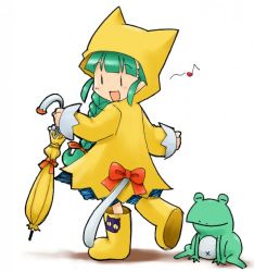 Rule 34 | 1girl, braid, cat tail, closed umbrella, frog, green hair, me-tan, musical note, os-tan, quaver, raincoat, simple background, solo, tail, twin braids, umbrella, white background
