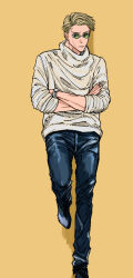 Rule 34 | 1boy, blonde hair, crossed arms, denim, foot against wall, goggles, highres, jeans, jujutsu kaisen, looking at viewer, male focus, mineco000, nanami kento, pants, short hair, solo, standing, standing on one leg, sweater, watch, white sweater, wristwatch, yellow background