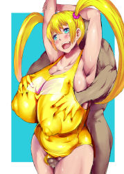 Rule 34 | 1boy, 1girl, armpits, arms up, blonde hair, blue eyes, blush, grabbing another&#039;s breast, breasts, censored, dark-skinned male, dark skin, gigantic breasts, grabbing, hetero, highres, huge nipples, long hair, long twintails, mosaic censoring, mozuku (djpw), nipples, open mouth, original, penis, puffy nipples, swimsuit, thigh sex, twintails