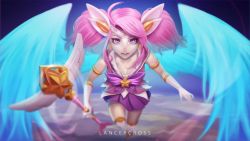 Rule 34 | 1girl, alternate costume, alternate hair color, alternate hairstyle, artist name, blue wings, bow, breasts, cleavage, clenched hand, earrings, elbow gloves, foreshortening, gloves, holding, holding wand, jewelry, lancercross, large bow, league of legends, looking at viewer, lux (league of legends), magical girl, medium breasts, open mouth, parted lips, pink hair, purple bow, purple eyes, purple skirt, running, sailor collar, skirt, solo, spread wings, star (symbol), star earrings, star guardian (league of legends), star guardian lux, thighhighs, twintails, wand, white gloves, white sailor collar, white thighhighs, winged want, wings