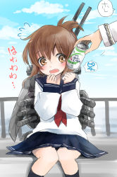 Rule 34 | 10s, 1girl, blush, brown eyes, brown hair, can, can to cheek, drink can, flying sweatdrops, highres, inazuma (kancolle), kantai collection, kneehighs, makuwauri, open mouth, personification, school uniform, serafuku, sitting, skirt, socks, soda can, solo focus, wavy mouth