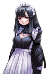 Rule 34 | 28 (282teeth), alternate costume, apron, bad id, bad pixiv id, black dress, black hair, breasts, brown eyes, cleavage, cleavage cutout, clothing cutout, cowboy shot, dress, enmaided, expressionless, frilled apron, frills, girls&#039; frontline, headgear, highres, long hair, long sleeves, looking at viewer, maid, maid headdress, medium breasts, nyto (generic) (girls&#039; frontline), nyto (girls&#039; frontline), paradeus, sleeves past wrists, straight hair, white background
