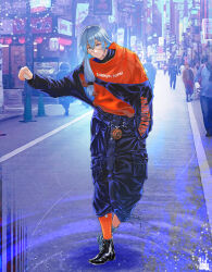 Rule 34 | 1boy, absurdres, baggy clothes, baggy pants, black footwear, blue eyes, blue hair, blue jacket, blue pants, boots, city, city lights, closed mouth, clothes writing, commentary, copyright name, double-parted bangs, full body, glitch, grey eyes, hair between eyes, hand in pocket, heterochromia, highres, jacket, jujutsu kaisen, light blue hair, long hair, long sleeves, looking at viewer, low-tied long hair, mahito (jujutsu kaisen), male focus, orange shirt, orange socks, outdoors, pants, people, pocket, ripples, road, shirt, sign, single sock, smile, socks, solo focus, stitched face, stitches, street, streetwear, t-shirt, tokishima sikuka, traffic cone