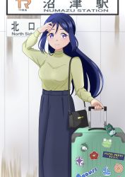 Rule 34 | 1girl, adjusting hair, alternate hairstyle, artist name, artist request, bag, black skirt, blue hair, blue skirt, blush, breasts, female focus, floating hair, hair between eyes, hair down, handbag, highres, holding, holding suitcase, light brown sweater, long hair, long sleeves, looking at viewer, love live!, love live! sunshine!!, matsuura kanan, miniskirt, nail, nail polish, parted lips, pink nails, pink nails, plaid, plaid skirt, pleated, pleated skirt, purple eyes, rolling suitcase, shoulder bag, skirt, small breasts, smile, solo, sticker, suitcase