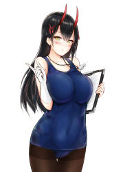 Rule 34 | 1girl, azur lane, bare shoulders, black hair, black pantyhose, blush, breasts squeezed together, breasts, cleavage, clipboard, closed mouth, collarbone, cowboy shot, elbow gloves, gloves, hair between eyes, highres, horns, index finger raised, large breasts, long hair, looking at viewer, oni, oni horns, pantyhose, pantyhose under swimsuit, realman, school swimsuit, simple background, single glove, solo, standing, suzuya (azur lane), swimsuit, thighband pantyhose, whistle, whistle around neck, white gloves, yellow eyes