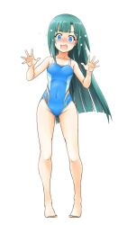 Rule 34 | 1girl, alternate hairstyle, barefoot, blue eyes, blue one-piece swimsuit, blush, breasts, competition swimsuit, covered navel, fang, gluteal fold, green hair, hair down, highleg, highleg swimsuit, kemono friends, kemono friends r, long hair, multicolored clothes, multicolored swimsuit, naka (nicovideo14185763), nose blush, one-piece swimsuit, open mouth, simple background, small breasts, solo, standing, surprised, swimsuit, tomoe (kemono friends) (niconico88059799), white background