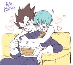 Rule 34 | +++, 1boy, 1girl, ;), aqua eyes, aqua hair, arm rest, armor, bare arms, bare shoulders, black eyes, black hair, blue bodysuit, blush, blush stickers, bodysuit, bulma, clenched teeth, closed mouth, couch, couple, dragon ball, dragonball z, ear blush, frown, gloves, grin, hand up, head tilt, heart, hetero, hug, hug from behind, looking at another, looking away, muscular, neck, nervous, one eye closed, short hair, shy, simple background, sitting, smile, spiked hair, sweatdrop, teeth, tkgsize, translation request, vegeta, white armor, white background, white gloves, wink, yellow couch