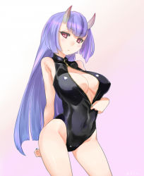 Rule 34 | 1girl, ajino (sakanahen), arms behind back, bare legs, bare shoulders, black leotard, blush, breasts, cleavage, commentary request, covered erect nipples, cowboy shot, front zipper swimsuit, gradient background, horns, large breasts, legs apart, leotard, long hair, meme attire, nail polish, one-piece swimsuit, oni, oni horns, original, purple hair, red eyes, solo, standing, swimsuit, unzipped, very long hair, zipper