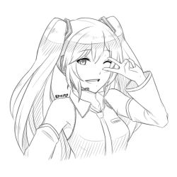 Rule 34 | artist name, detached sleeves, emi-tan, greyscale, hair ornament, hatsune miku, headset, lineart, long hair, looking at viewer, monochrome, necktie, one eye closed, simple background, smile, solo, twintails, v over eye, vocaloid, white background, wink