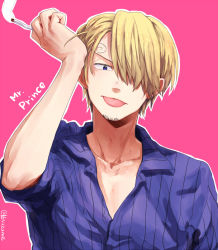 Rule 34 | 1boy, :d, blonde hair, blue eyes, cigarette, english text, hair over one eye, male focus, one piece, open mouth, pink background, sanji (one piece), short hair, simple background, smile, solo, somemiya suzume, tongue, tongue out, twitter username, upper body