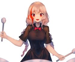 Rule 34 | &gt;:d, 1girl, bad id, bad pixiv id, black dress, bow, bowtie, braid, dress, drumsticks, fang, girls&#039; frontline, highres, holding, holding drumsticks, long hair, low twintails, m4 sopmod ii (girls&#039; frontline), multicolored hair, pink hair, red eyes, red hair, simple background, solo, streaked hair, twin braids, twintails, upper body, v-shaped eyebrows, white background, xanax025