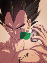 Rule 34 | 1boy, artist name, black hair, closed mouth, dragon ball, dragon ball super, earrings, fuoore (fore0042), highres, holding, injury, jewelry, male focus, muscular, muscular male, nipples, scouter, short hair, solo, spiked hair, upper body, vegeta