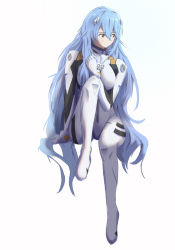 Rule 34 | 1girl, alternate hair length, alternate hairstyle, andersonalac, ayanami rei, bad id, bad pixiv id, blue hair, bodysuit, breasts, commentary request, evangelion: 3.0+1.0 thrice upon a time, highres, interface headset, long hair, medium breasts, neon genesis evangelion, plugsuit, rebuild of evangelion, red eyes, sidelocks, sitting, solo, spoilers, very long hair, wavy hair
